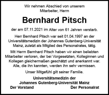 Traueranzeige von Bernhard Pitsch von vrm-trauer
