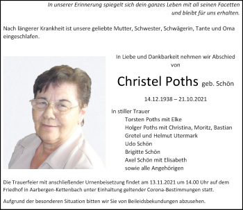 Traueranzeige von Christel Poths von vrm-trauer