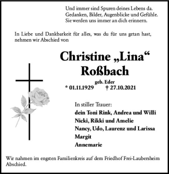Traueranzeige von Christine Roßbach von vrm-trauer