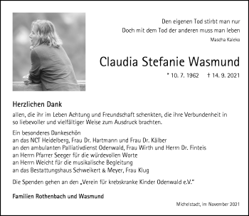 Traueranzeige von Claudia Stefanie Wasmund von vrm-trauer
