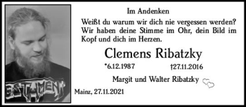 Traueranzeige von Clemens Ribatzky von vrm-trauer
