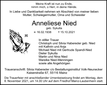 Traueranzeige von Anneliese Nied von VRM Tageszeitungen