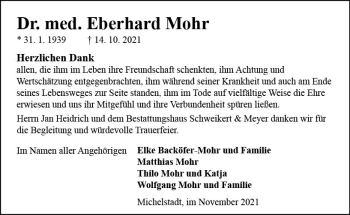 Traueranzeige von Eberhard Mohr von vrm-trauer