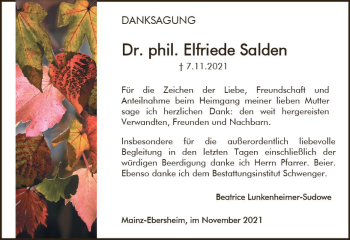 Traueranzeige von Elfriede Salden von vrm-trauer