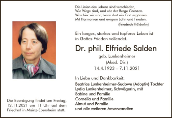 Traueranzeige von Elfriede Salden von vrm-trauer