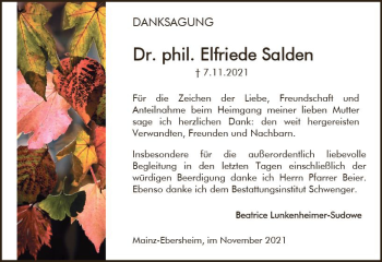 Traueranzeige von Elfriede Salden von vrm-trauer