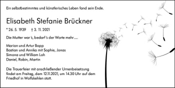 Traueranzeige von Elisabeth Stefanie Brückner von vrm-trauer