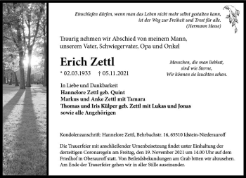 Traueranzeige von Erich Zettl von vrm-trauer