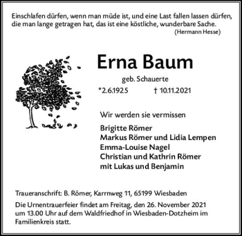 Traueranzeige von Erna Baum von vrm-trauer