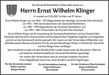 Traueranzeige von Ernst Wilhelm Klinger von vrm-trauer