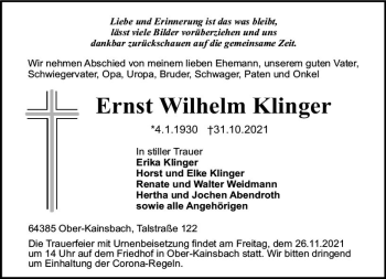 Traueranzeige von Ernst Wilhelm Klinger von vrm-trauer