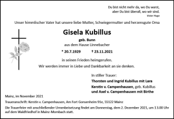 Traueranzeige von Gisela Kubillus von vrm-trauer