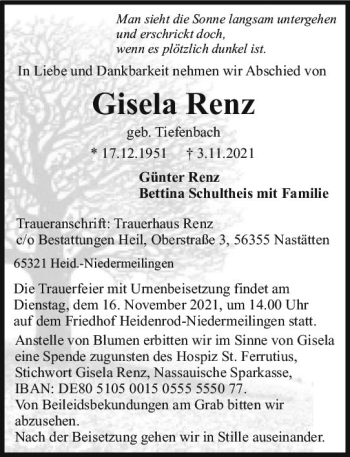 Traueranzeige von Gisela Renz von vrm-trauer