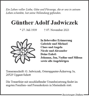 Traueranzeige von Günther Adolf Jadwiczek von vrm-trauer