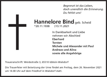 Traueranzeige von Hannelore Bind von vrm-trauer