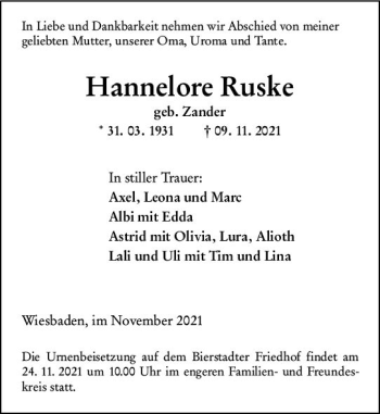 Traueranzeige von Hannelore Ruske von vrm-trauer