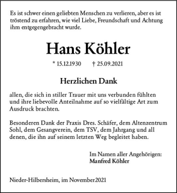 Traueranzeige von Hans Köhler von vrm-trauer
