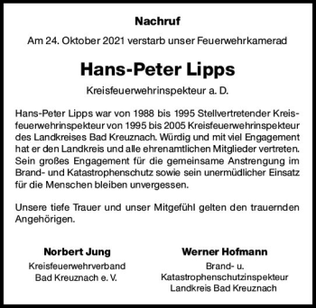 Traueranzeige von Hans-Peter Lipps von vrm-trauer