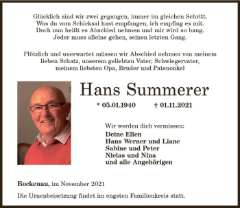 Traueranzeige von Hans Summerer von vrm-trauer