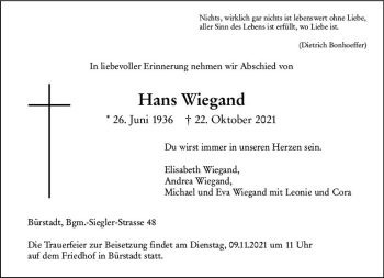 Traueranzeige von Hans Wiegand von vrm-trauer
