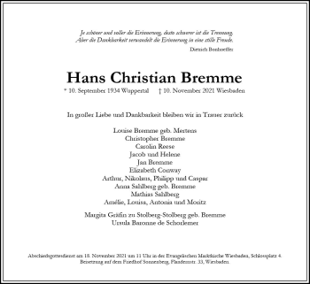 Traueranzeige von Hans Christian Bremme von vrm-trauer