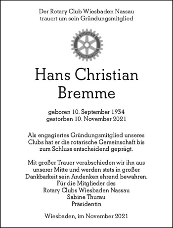 Traueranzeige von Hans Christian Bremme von vrm-trauer