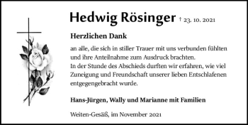 Traueranzeige von Hedwig Rösinger von vrm-trauer