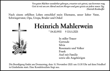 Traueranzeige von Heinrich Mahlerwein von vrm-trauer