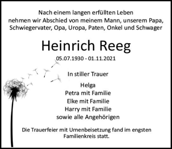 Traueranzeige von Heinrich Reeg von vrm-trauer