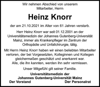 Traueranzeige von Heinz Knorr von vrm-trauer