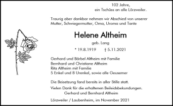 Traueranzeige von Helene Altheim von vrm-trauer