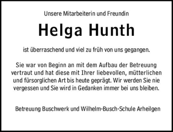 Traueranzeige von Helga Hunth von vrm-trauer