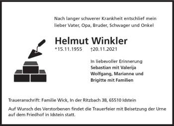 Traueranzeige von Helmut Winkler von vrm-trauer