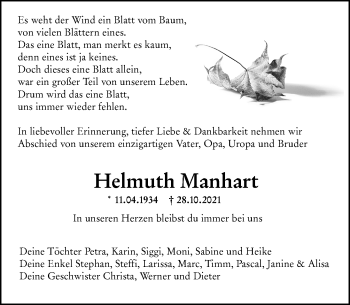 Traueranzeige von Helmuth Manhart von vrm-trauer