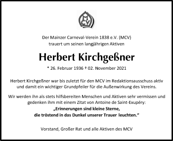 Traueranzeige von Herbert Kirchgeßner von vrm-trauer