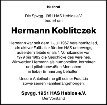 Traueranzeige von Hermann Koblitczek von VRM Trauer