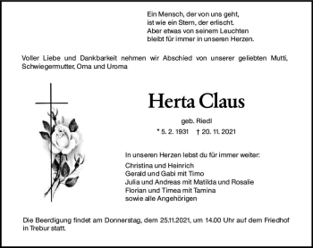 Traueranzeige von Herta Claus von vrm-trauer