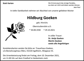 Traueranzeige von Hildburg Goeken von vrm-trauer