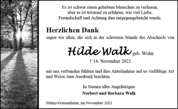 Traueranzeige von Hilde Walk von vrm-trauer