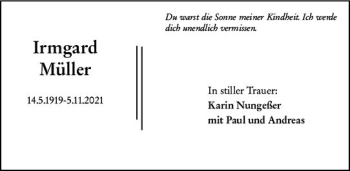 Traueranzeige von Irmgard Müller von vrm-trauer