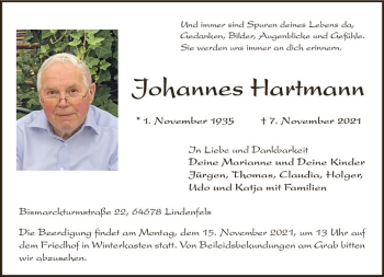 Traueranzeige von Johannes Hartmann von vrm-trauer