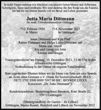 Traueranzeige von Jutta Maria Dittmann von vrm-trauer