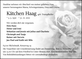 Traueranzeige von Kätchen Haag von vrm-trauer
