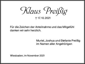 Traueranzeige von Klaus Preißig von vrm-trauer