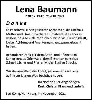Traueranzeige von Lena Baumann von vrm-trauer