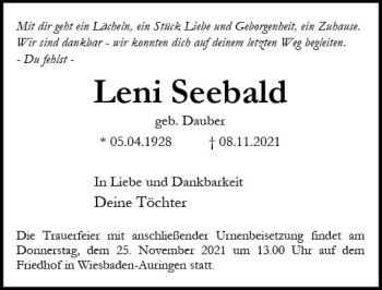 Traueranzeige von Leni Seebald von vrm-trauer