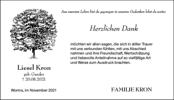 Traueranzeige von Liesel Kron von vrm-trauer