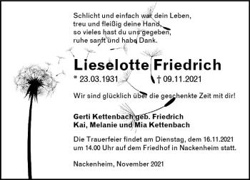 Traueranzeige von Lieselotte Friedrich von vrm-trauer