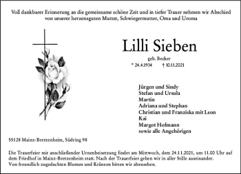 Traueranzeige von Lilli Sieben von vrm-trauer