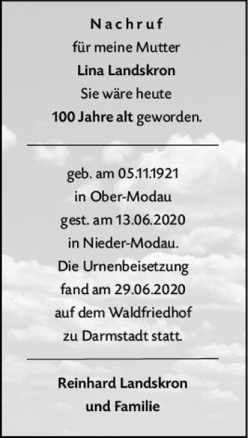 Traueranzeige von Lina Landskron von vrm-trauer